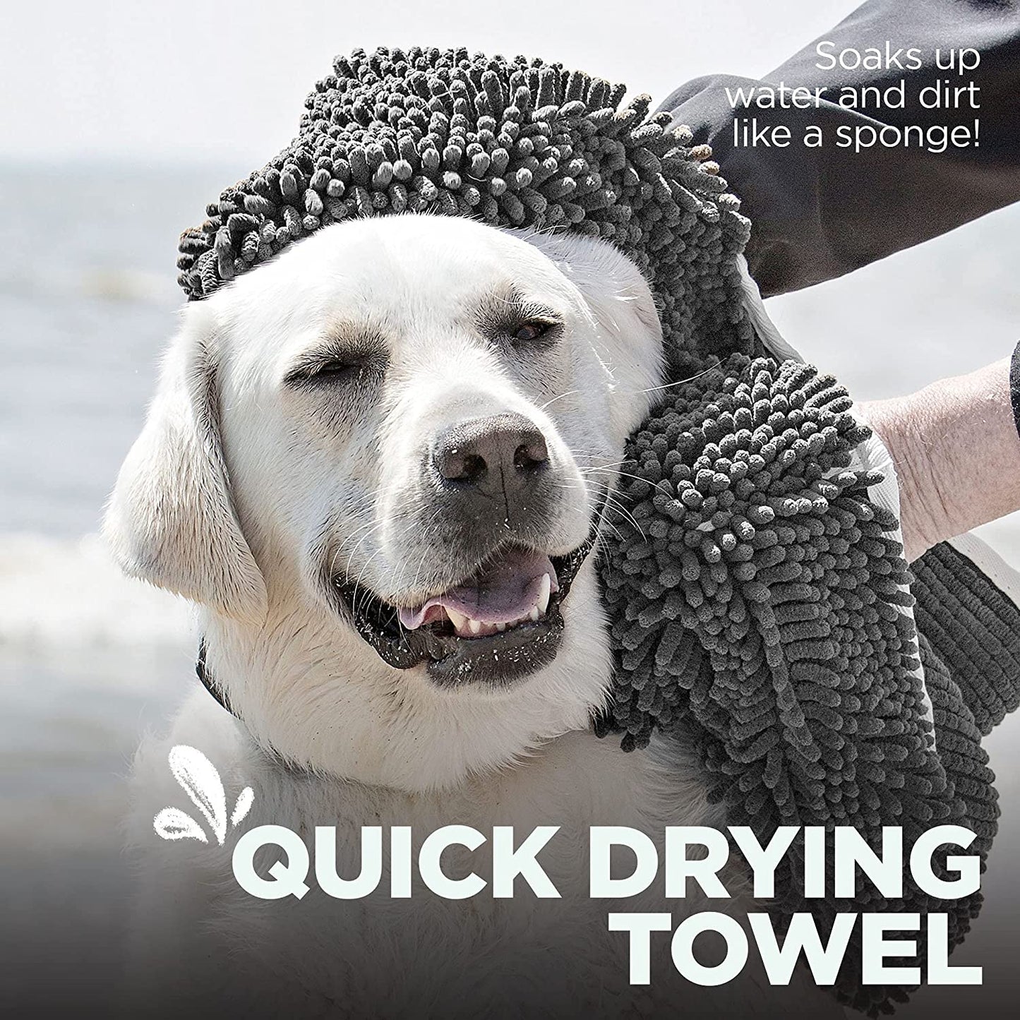 Soggy Doggy Super Shammy Dog Towel, Washable Microfiber Dog Towels for Drying Dogs and Cleaning Paws, Fast-Drying Dog Bath Towel with Hand Pockets, Gray/Gray Trim, 31 X 14 Inches