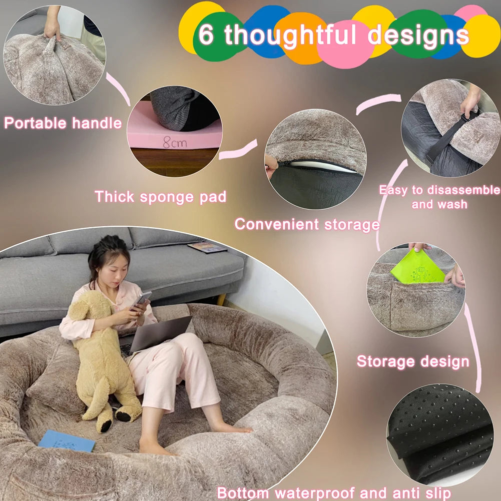 Human Dog Bed Giant Comfy Plush Dog Bed with Pocket Portable Large Bean Bag Human Sized Pets Bed for Humans Nap Extra Size Sofa