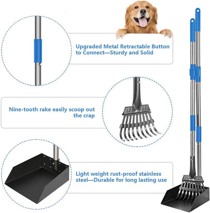 Upgraded Dog Pooper Scooper Extra Large, Adjustable Long Handle Stainless Metal Pet Poop Tray and Rake Set for Large Medium Small Dogs, Dog Waste Removal Bin Rake, Great for Grass, Street, Gravel