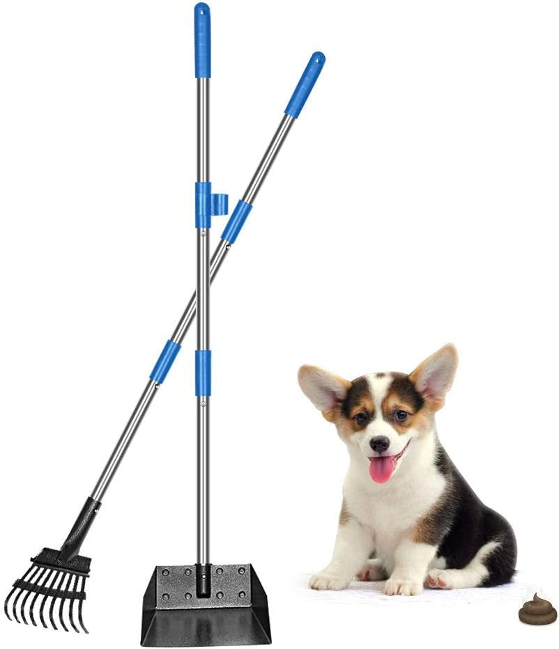 Upgraded Dog Pooper Scooper Extra Large, Adjustable Long Handle Stainless Metal Pet Poop Tray and Rake Set for Large Medium Small Dogs, Dog Waste Removal Bin Rake, Great for Grass, Street, Gravel