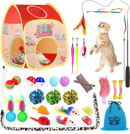 34Pcs Cat Toys Kitten Toys,Interactive Cat Toys Set with Collapsible Cat Tunnels Tent for Indoor Cats,Retractable Cat Wand Toys Catnip Toys Cat Feather Teaser Fluffy Mouse Crinkle Balls for Cat,Kitty