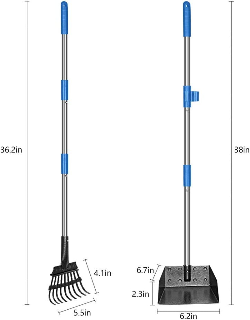 Upgraded Dog Pooper Scooper Extra Large, Adjustable Long Handle Stainless Metal Pet Poop Tray and Rake Set for Large Medium Small Dogs, Dog Waste Removal Bin Rake, Great for Grass, Street, Gravel